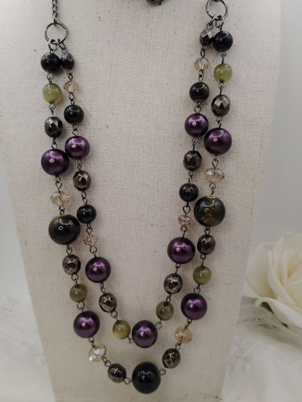 Silver Tone Long Layered Necklace – 32"/34" Mixed Beads, Purple & Green